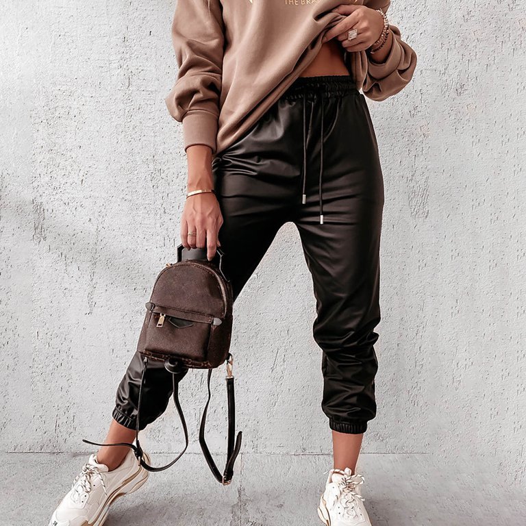 Hfyihgf Women's Faux Leather Pants Drawstring Elastic High Waist Joggers  Casual Loose Trousers with Pockets(Black,L) 