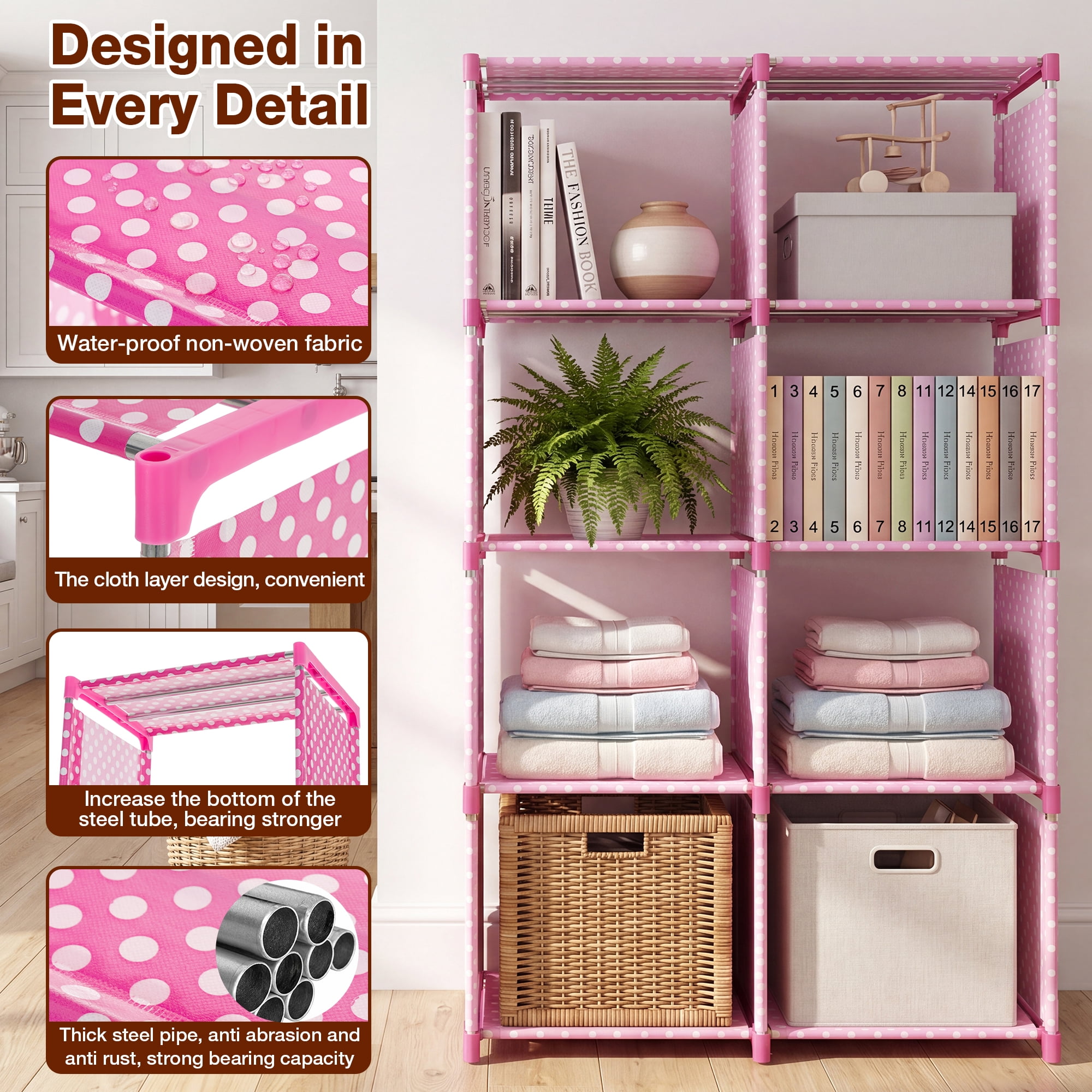 HONEIER Bookshelf, 8-Cube Storage Organizer, 5-Tier Open Bookcase for Bedroom Living Room Office, Pink