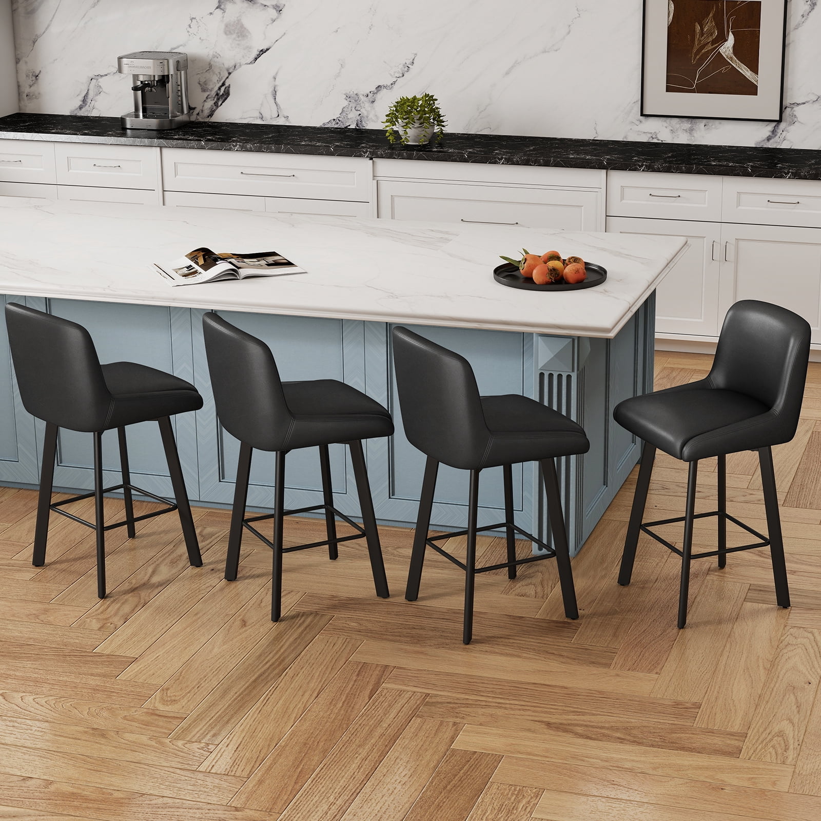 MultiHaven 26.1-Inch Bar Stools Set of 2,Swivel Counter Height Bar Stool with Back & Metal Legs,PU Leather Island Chairs Suitable for Kitchen,Bar,Cafe - Black
