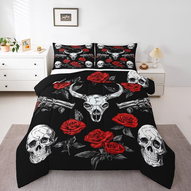 Erosebridal Cow Skull Skeleton Bedding Full Comforter Set, Hunting Theme Down Comforter, Gothic Rose Flower Home Decor, Reversible 3pcs