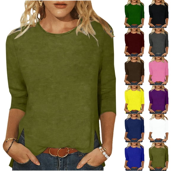 FAIWAD 3/4 Length Sleeve Womens Tops Loose Crewneck Solid Color Tunic Tops Going Out Casual T-Shirts