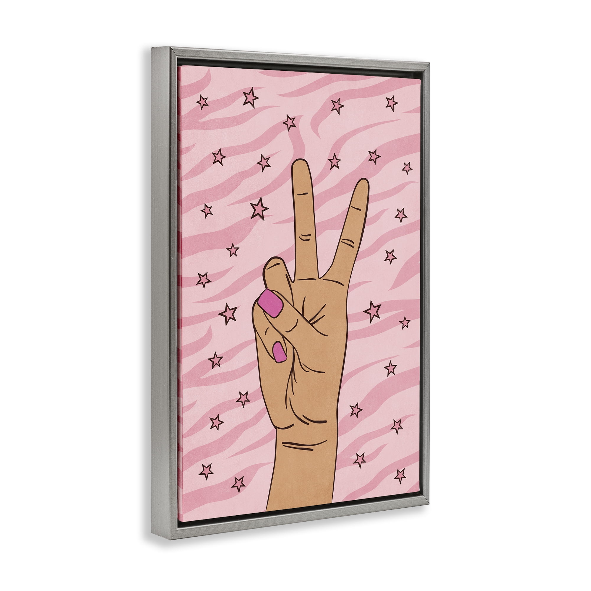 Stupell Industries Peace Hand & Stars Pattern People Painting Gray Floater Framed Canvas Art Print Wall Art, 21 x 31