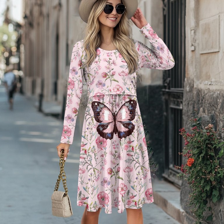 SCRAWLGOD Butterfly Flower Maternity Dress Long Sleeve Nursing Dresses  Breastfeeding Size L Crew Neck Pregnancy Dresses for Women Baby Shower Loose  Ladies Maternity Dresses for Work - Walmart.com