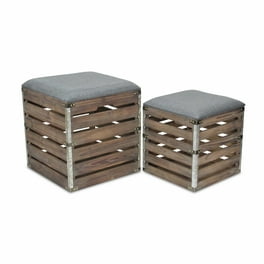 Set of 2 Rectangular Gray Linen Fabric and Wood Slats Storage Benches Set of 2 Rectangular Gray Linen Fabric and Wood Slats Storage Benches