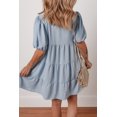 thumbnail image 2 of Casual Summer Shift Dress in Solid Blue - Button Up with Pleated Details and Puff Sleeves | [ZhiHiMeRi] | (US 4-6)S, 2 of 10