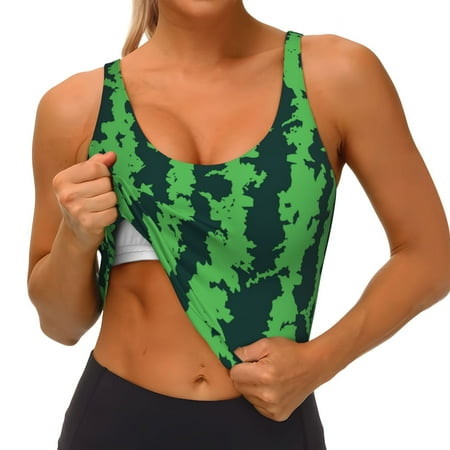 Qokaie Green Stripes Of Watermelon Pattern Womens Scoop Neck Sports Bra Breathable Workout Vest Padded U Back Medium Impact Fitness Gym Yoga Bra Workout Crop Top