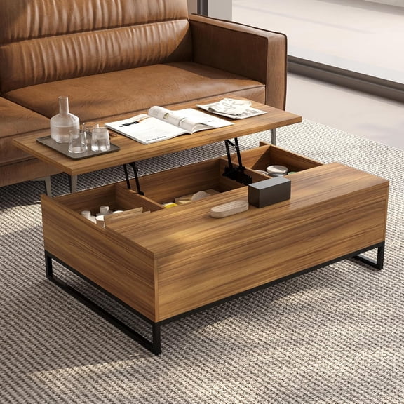 43" Lift Top Coffee Table with Storage Shelf,Small Rising Wooden Center Tables with Thickened Metal Frame and Hidden Compartment,Modern Coffee Table with Lifting top for Living Room, Walnut