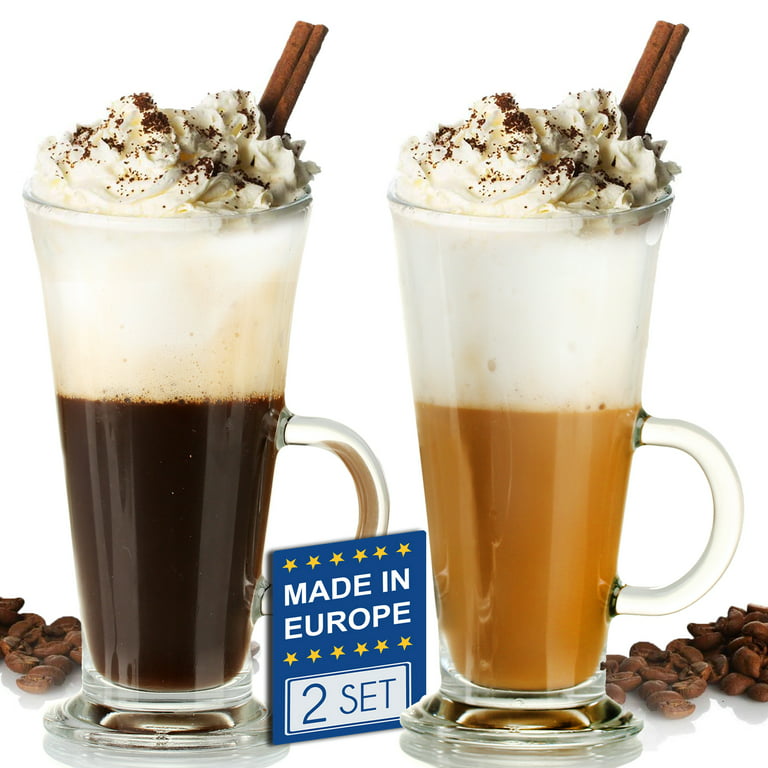 Latte Glasses Coffee Set of 2 Or 6 Large 250ml Latte Glasses with Handle  Perfect Tea Glass Mugs for Espresso Cappuccino Tea Hot Chocolate Drinks  Serves The Perfect Latte HTUK® (2): Glassware