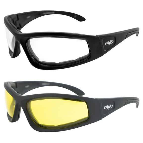 Global Vision Triumphant 24 Auto-Darkening Photochromic Motorcycle Sunglasses ANSI Z87 2 Pair Padded Black Frames w/ Yellow to Smoke and Clear Lenses