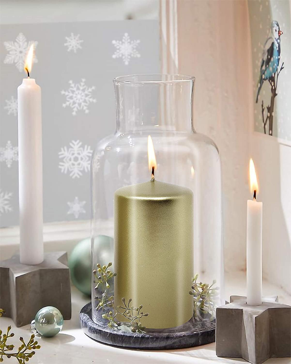 Hyoola 2.75 x 5 inch Metallic Cream Gold Unscented European Made Pillar Candles, Paraffin Wax with Cotton Wicks, 6-Pack