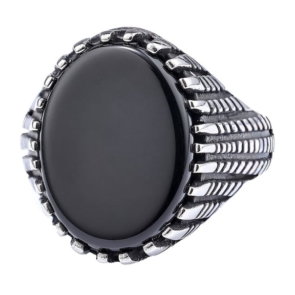 PAURO Men's Stainless Steel Gemstone Ring with Oval Black Stone Signet Solid Band Rings Jewelry Silver Size 11