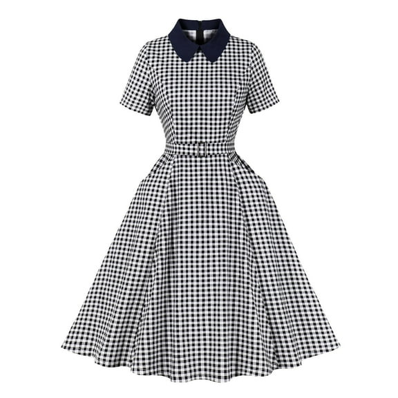 DailyTrove Women's Short Sleeve Contrast Collar Dress, Plaid Print, Retro & Casual Wear, Classic Fit