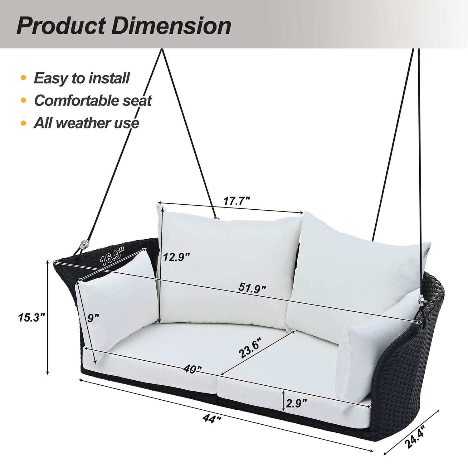 Kadyn 51.9" 2-Person Hanging Seat, Rattan Woven Swing Chair with Ropes, Gray Wicker and Cushion, Porch Swing Chair for Outdoor, Black White Kadyn 51.9" 2-Person Hanging Seat, Rattan Woven Swing Chair with Ropes, Gray Wicker and Cushion, Porch Swing Chair for Outdoor, Black White