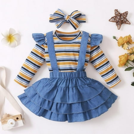 

Leonard 0-24M Autumn Baby Girl Skirts Clothes Set Newborn Girls Long Sleeve Pattern Romper+Strap Skirt+Headband 3ps Infant Sets