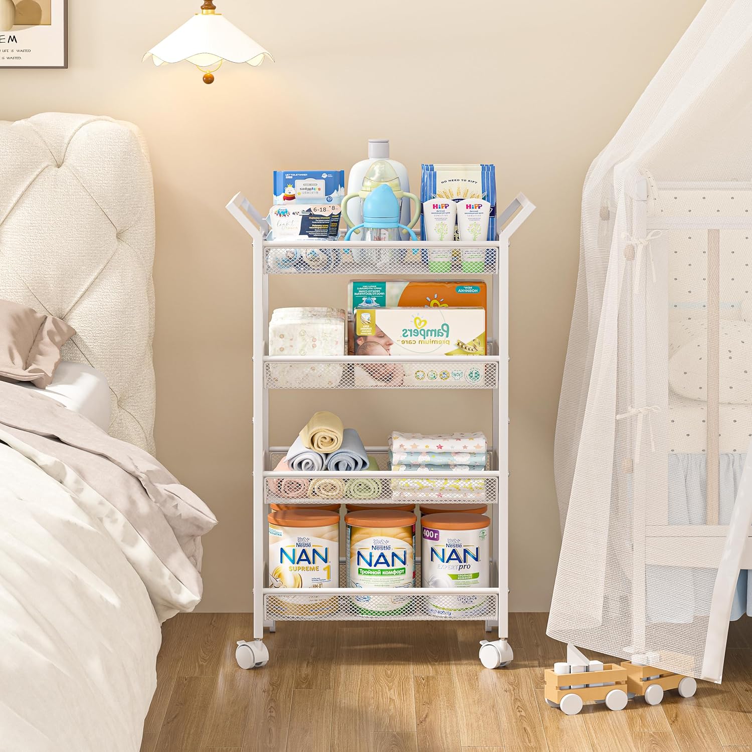 Baby Diaper Caddy Cart, 4-Tier Diaper Caddy Organizer and Storage, Rolling Utility Cart for Baby Supplies, Diaper Cart with Wheels for Bedroom, Nursery, Changing Table, White