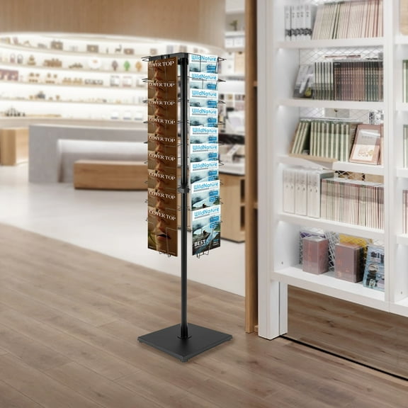 360° Rotating 36-Pocket Brochure Display Stand, Heavy-Duty Iron Frame with Electrostatic Coating, 132 lb Capacity, Modern Black Floor Rack for Magazines & Catalogs