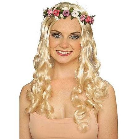 Womens Blonde Wavy Renaissance Maiden Fairy Wig With Flower Headband