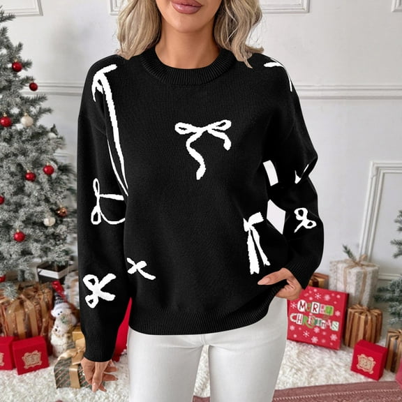 Cadancy Womens Sweater Cute Bows Long Sleeve Crewneck Pullover Sweaters Holiday Casual Loose Fit Tunic Knit Tops Fall Winter Trendy Outfits
