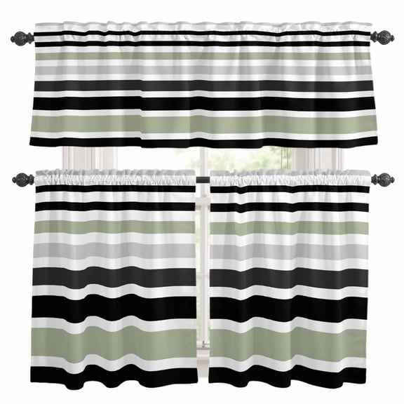 Sage Green Black Stripe Kitchen Curtains Sets for Windows 36 Inch Length, Modern Abstract Coarse Striped Rod Pocket Window Treatments Tier Curtains and Valances Set for Bedroom/Bathroom