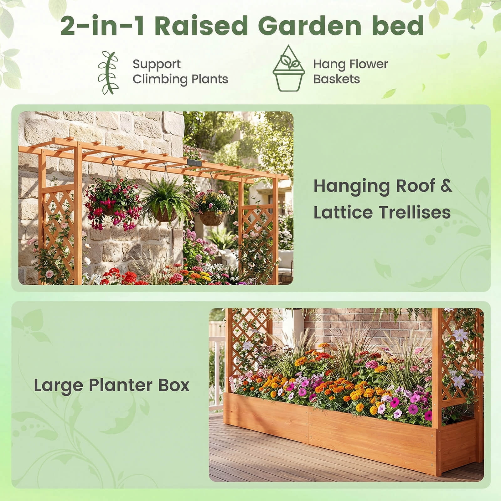 Costway 2 PCS Wooden Raised Garden Bed with Trellis Hanging Roof Drainage Holes for Flowers Orange
