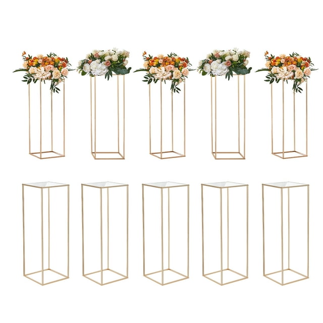VEVOR 10PCS 31.5inch High Wedding Flower Stand, With Acrylic Laminate,Metal Vase Column Geometric Centerpiece Stands, Gold Rectangular Floral Display Rack for Events Reception, Party Decoration