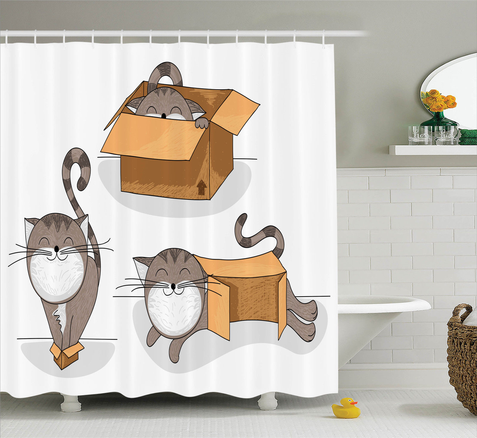 Cat Lover Decor Shower Curtain Set, Cartoon Cat Trying To Fit In