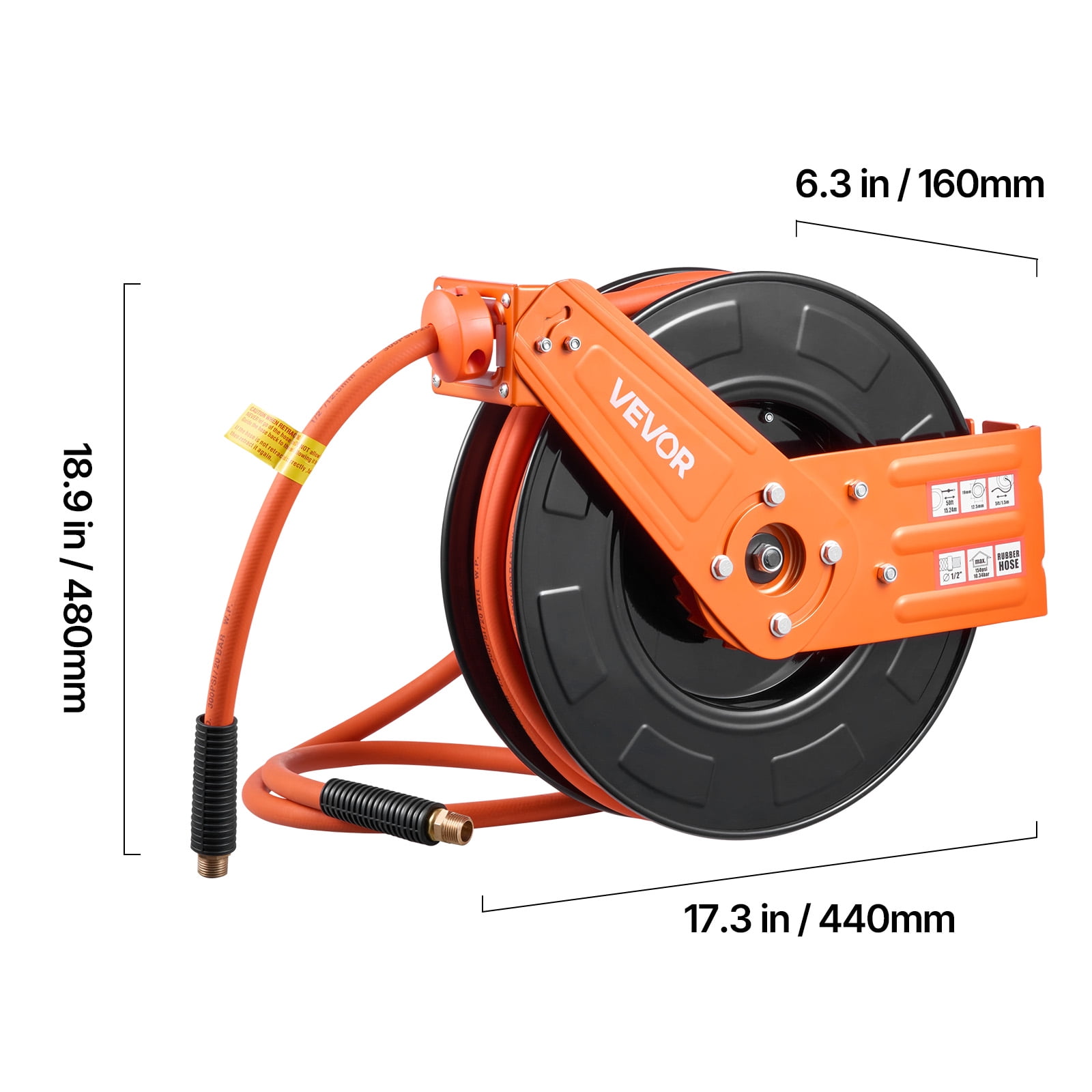 VEVOR Retractable Air Hose Reel, 1/2 Inch x 65 FT Rubber Air Hose Max 300PSI, Auto Rewind Air-Compressor Hoses Reel with 5 ft Lead in, Ceiling/Wall Mount for Garage Workshops