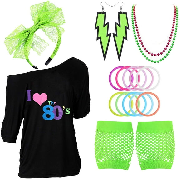 Z-Shop 80s Outfits Costume Accessories for Women - I Love 80's Print Off Shoulder T-Shirt Lace Headband Necklace Bracelet Gloves for 80s Costumes Green XXL