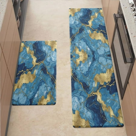 

Anti Fatigue Kitchen Mat Blue And Gold Kitchen Rugs Non Slip Cushioned Standing Mat for Sink Floor Laundry Office Desk Ultra 17.3 x 70.8