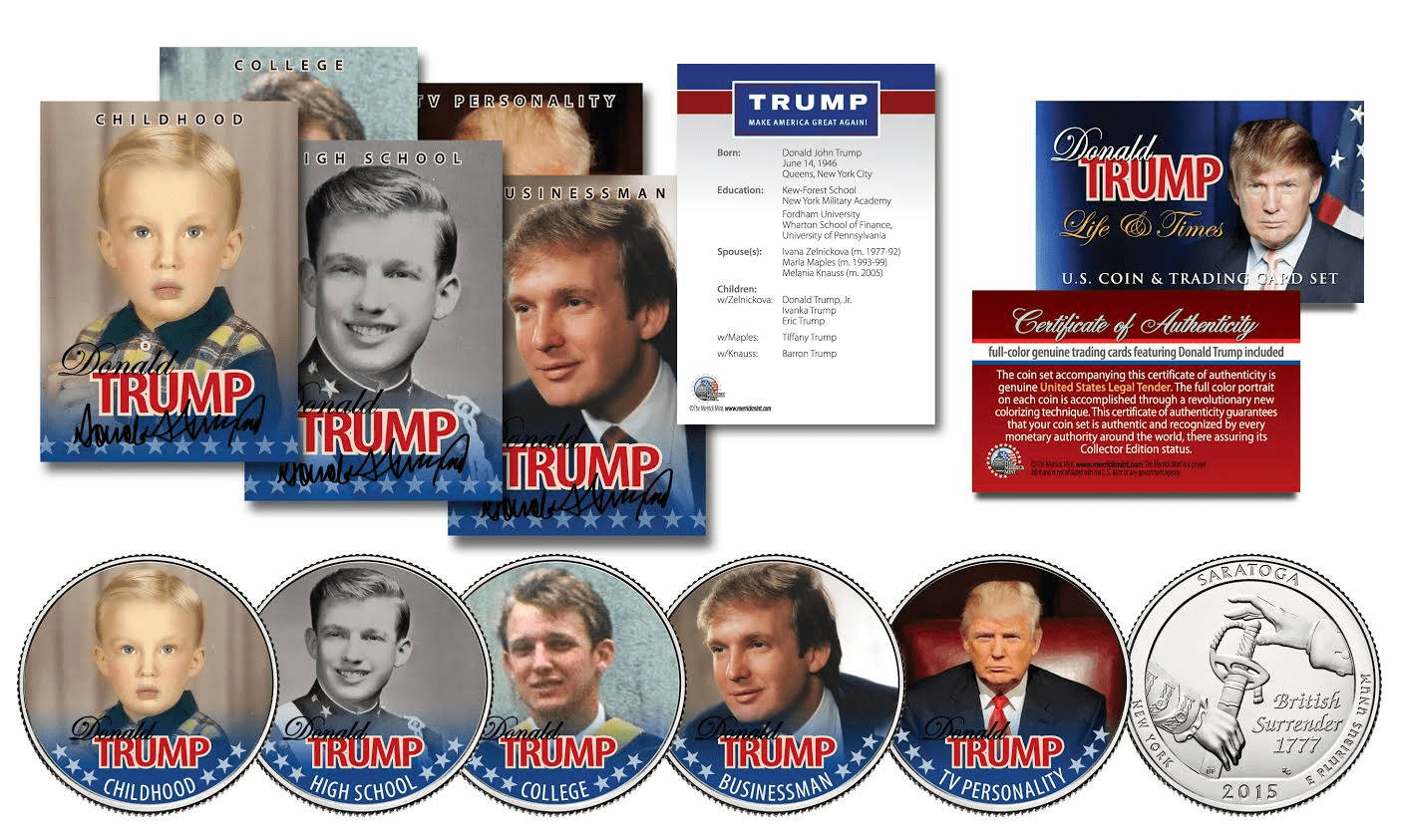 DONALD TRUMP /"5/" COIN//QUARTER /& TRADING CARD LIFE /& TIMES QUARTER COLLECTION!
