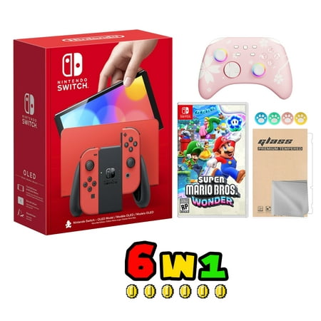 Nintendo Switch OLED Model Mario Red Edition Joy Con 64GB Console HD Screen & LAN-Port Dock with Super Mario Bros. Wonder, Mytrix Wireless Switch Pro Controller & Accessories -JP Version Region Free