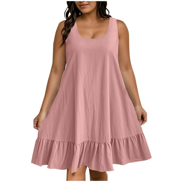 Plus Size Sundress for Women 2025 - Sleeveless Ruffle Hem | Flowy A-Line Summer Beach Dress