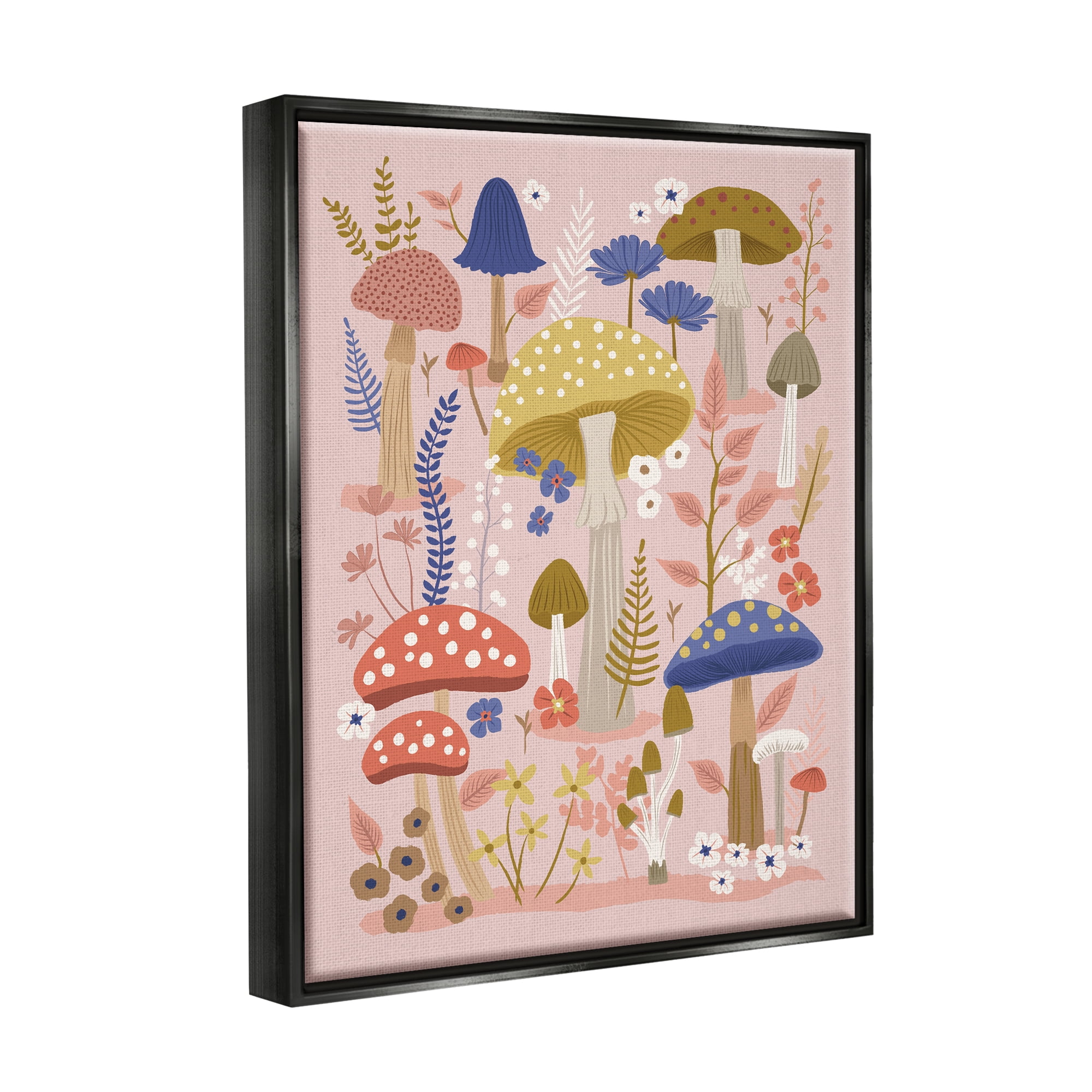 Stupell Industries Mushrooms & Botanical Pattern Botanical & Floral Painting Black Floater Framed Canvas Art Print Wall Art, 25 x 31
