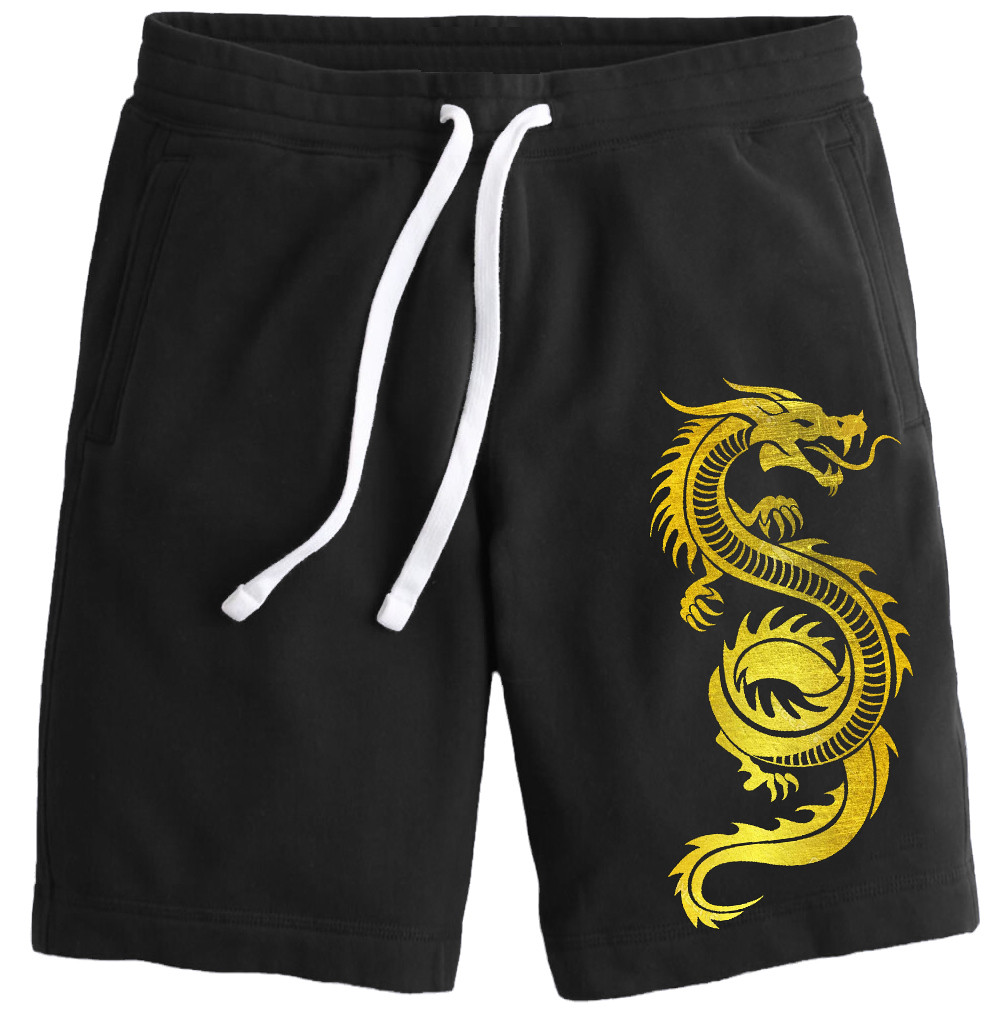 Men's Gold Foil Dragon Black Fleece Jogger Sweatpant Gym Shorts XLarge