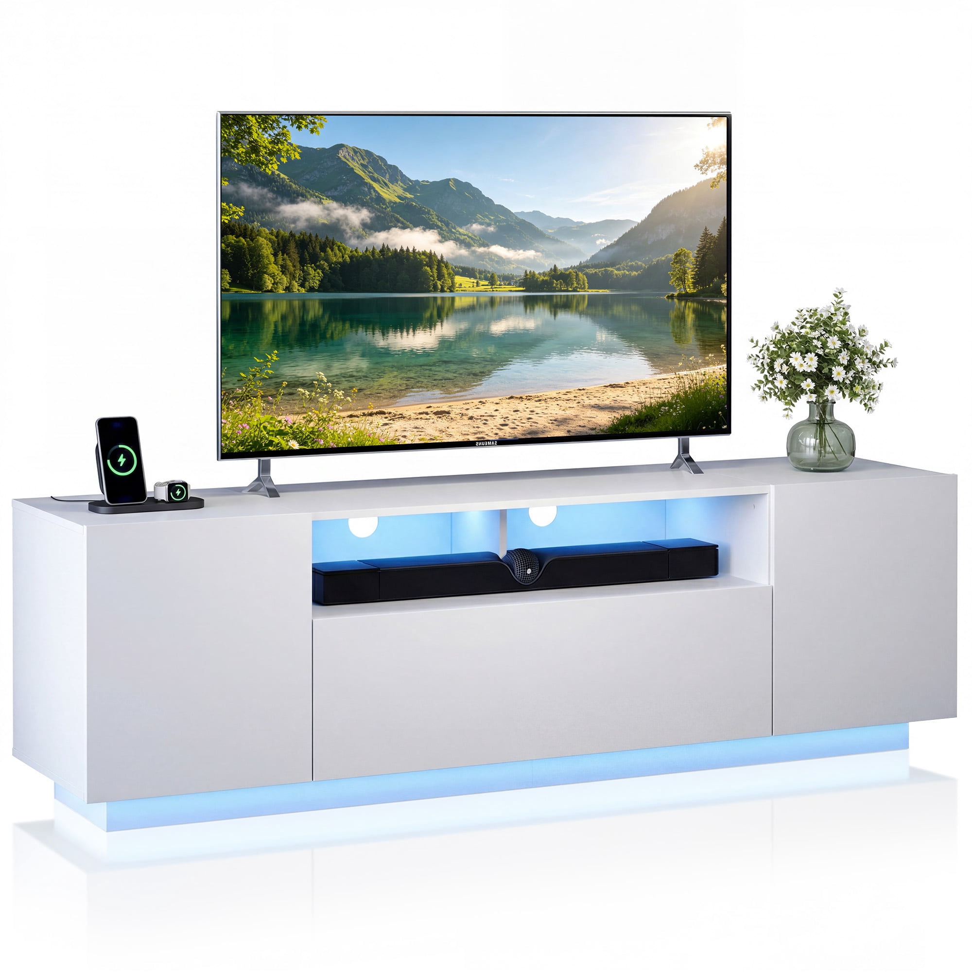 GALAXHERO TV Stand for 65 inch Entertainment Center with LED Lights & Large Storage Cabinet Modern TV Console Stands Table for Living Room Bedroom White