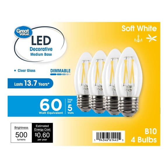 Great Value LED Light Bulb, 5W (60 Watts Equivalent), B10 Deco Lamp, E26 Medium Base, Dimmable, Soft White, 13yr, 4 Pack