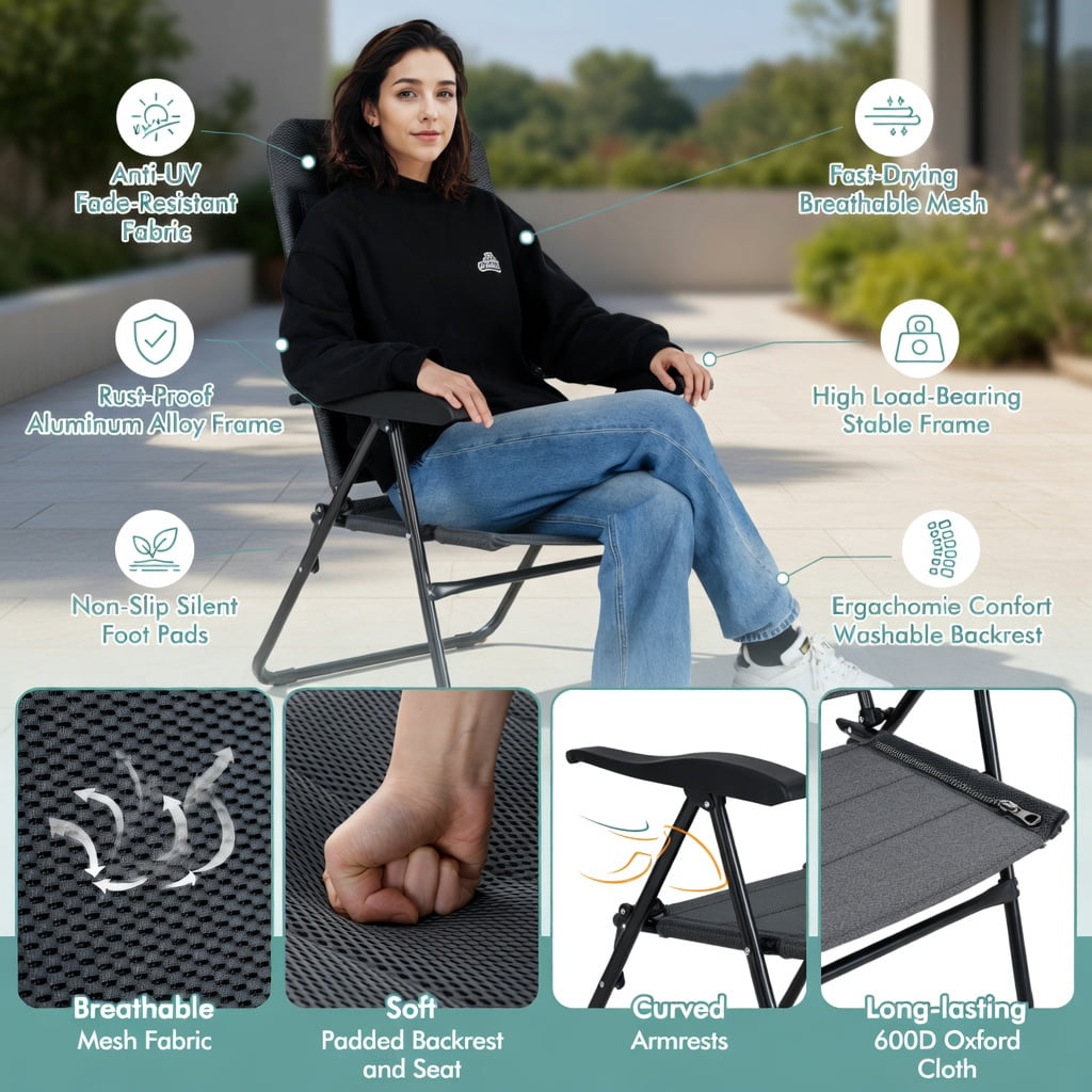 Hommoo 2-Pack Foldable Outdoor Patio Chairs with 7-Position Adjustable Backrest, Heavy-Duty Steel Frame, Breathable Oxford Fabric, for Backyard, Bistro, Camping & Balcony, Gray