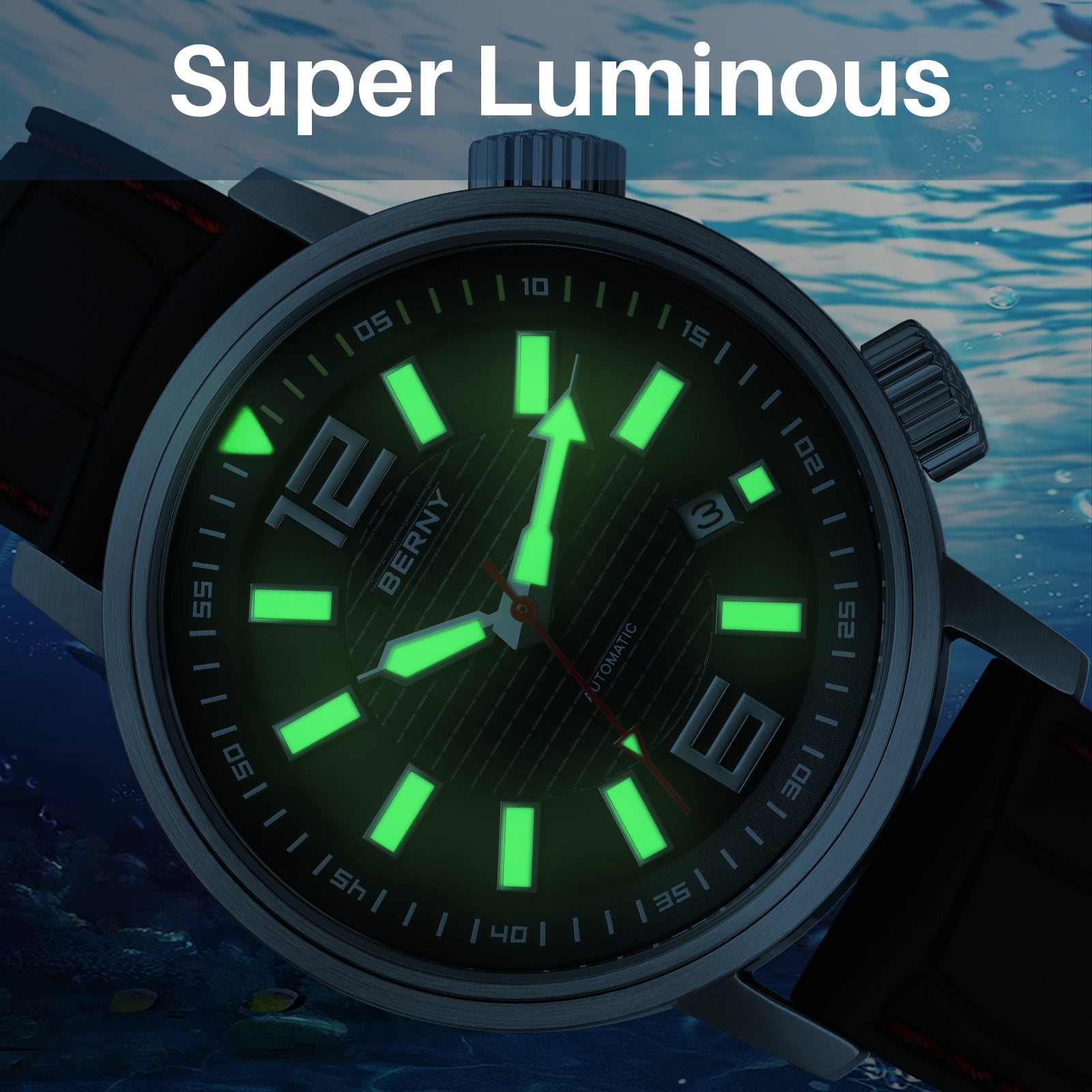 BERNY Automatic Dive Watches for Men, Sport 200M Waterproof Analog Mechanical Watch with Date, Super Luminous, Fluororubber Strap, Sapphire Crystal, Fashion Men's Pro Diver Watch (Black)