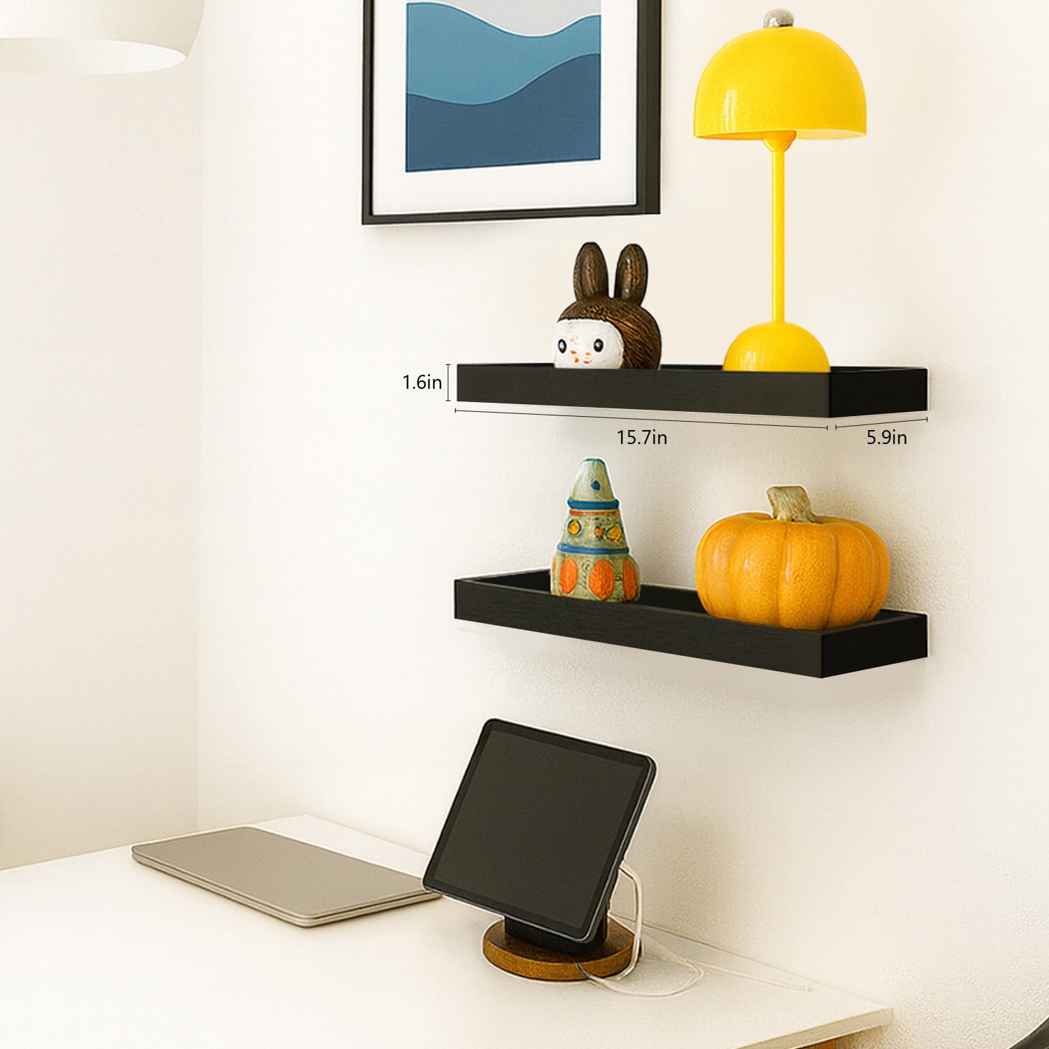 Mifurn 15.7" Floating Shelves for Wall, with Raised Lip, Set of 2, Black