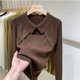 thumbnail image 3 of Women Clothing Fashion Polo Collar Hollow Out Knit Pullover Autumn Elegant Sexy Solid Patchwork Sweater Chic Y2K Long Sleeve Top, 3 of 5