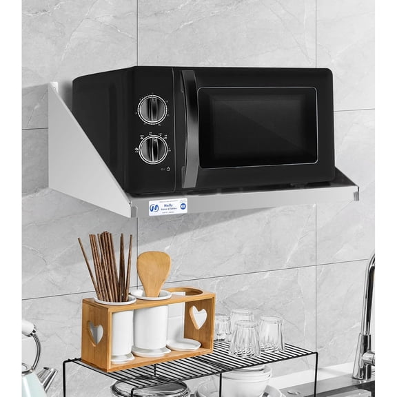 Hally Stainless Steel Microwave Shelf 18"x24" 185 lb, NSF Commercial Heavy Duty Metal Appliance Wall Mount Floating Shelving for Restaurant, Kitchen, Bar, Home and Hotel