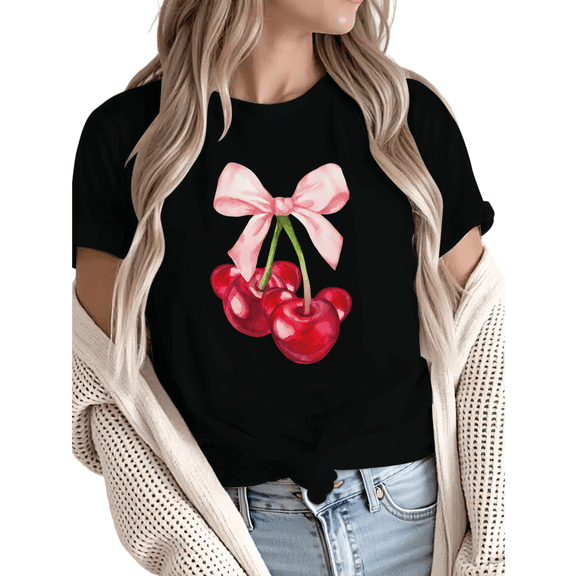 Women Casual Pink Red Cherry Bow Graphic Tees Cotton Crew Neck Printed T Shirt Tops Black S-5XL