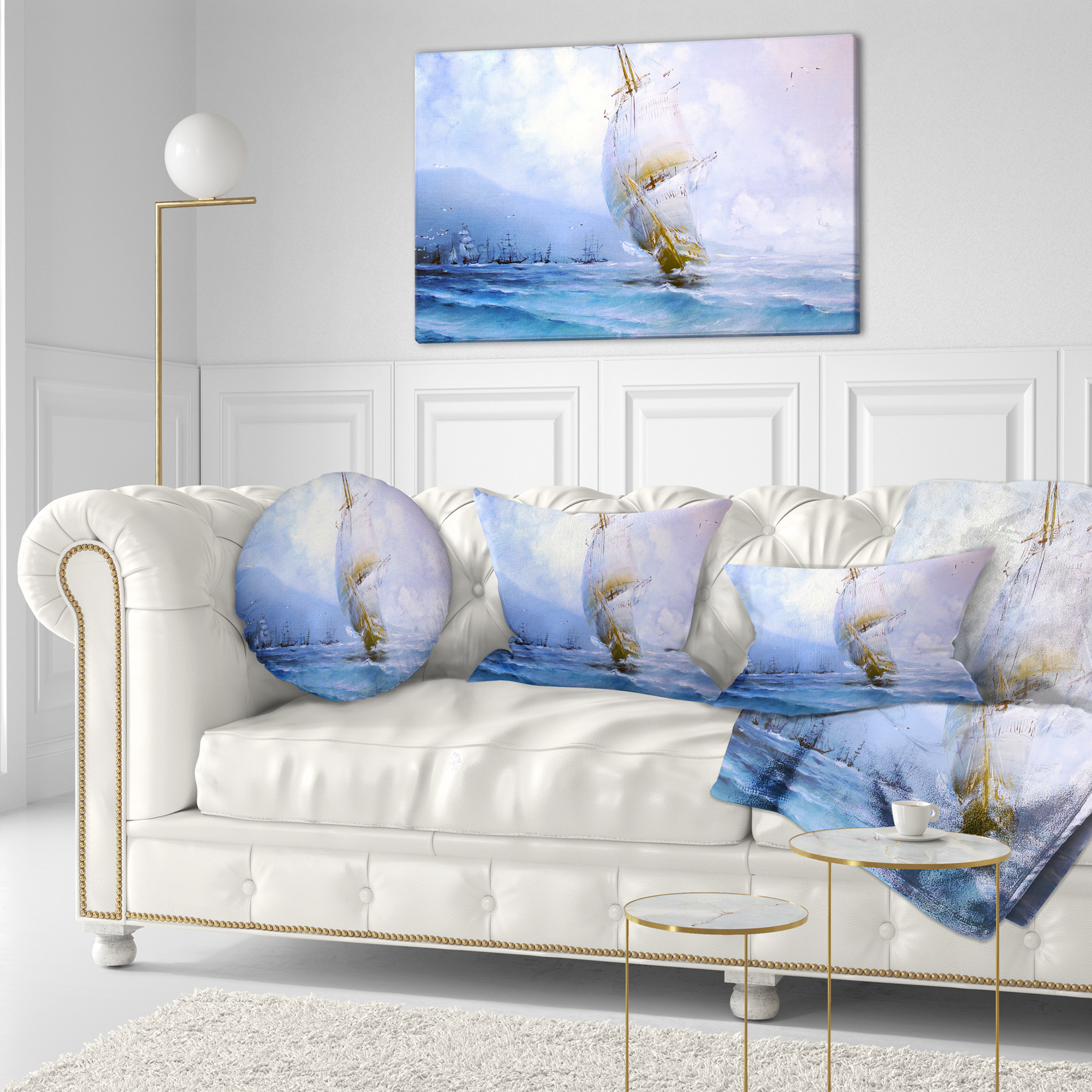 Designart Vessel in Blue Sea - Seascape Throw Pillow - 12x20
