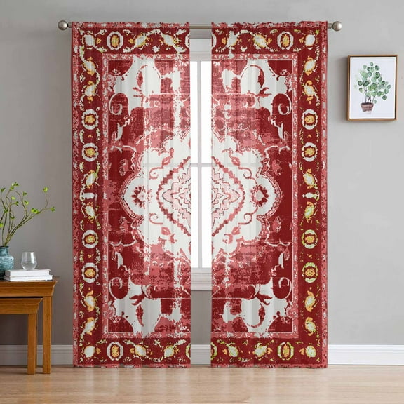 Red Boho Sheer Curtains 96 Inches Long 2 Panels Set, Window Sheer Curtains for Living Room/Bedroom, Multicolored Colorful Tainted Pattern Tribal Light Filtering Rod Pocket Curtain 52'' x 96'' x 2