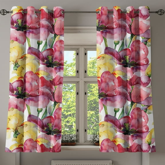 Ambesonne Flowers Grommet Curtain, Watercolor Tulip and Irises, 50"x60", Dried Rose Mustard