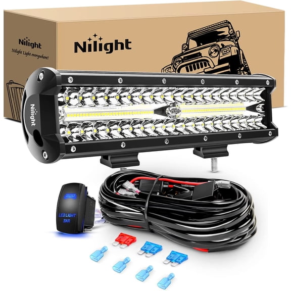 Nilight 12Inch 300W Triple Row Flood Spot Combo 30000LM Driving Boat Led Off Road Lights 16AWG Wiring Harness Kit-One Lead for Truck