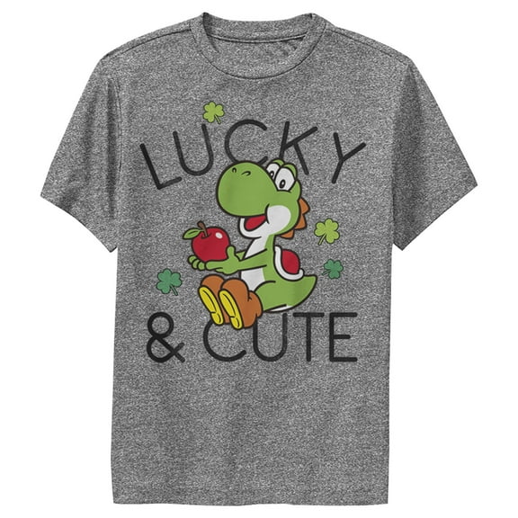 Boy's Nintendo Super Mario Yoshi St. Patrick's Lucky and Cute Performance Graphic Tee Charcoal Heather Medium