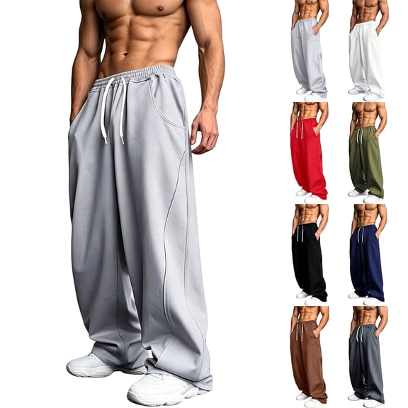 Pants for Men Wide Leg Sweat Drawstring Elastic Waist Vintage Loose Long With Pocket Gym Workout Wear