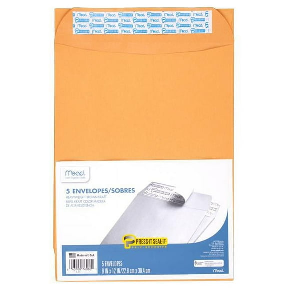 Mead Press-It Seal-It Envelopes, 9" x 12", 5 Per Box, 12 Boxes