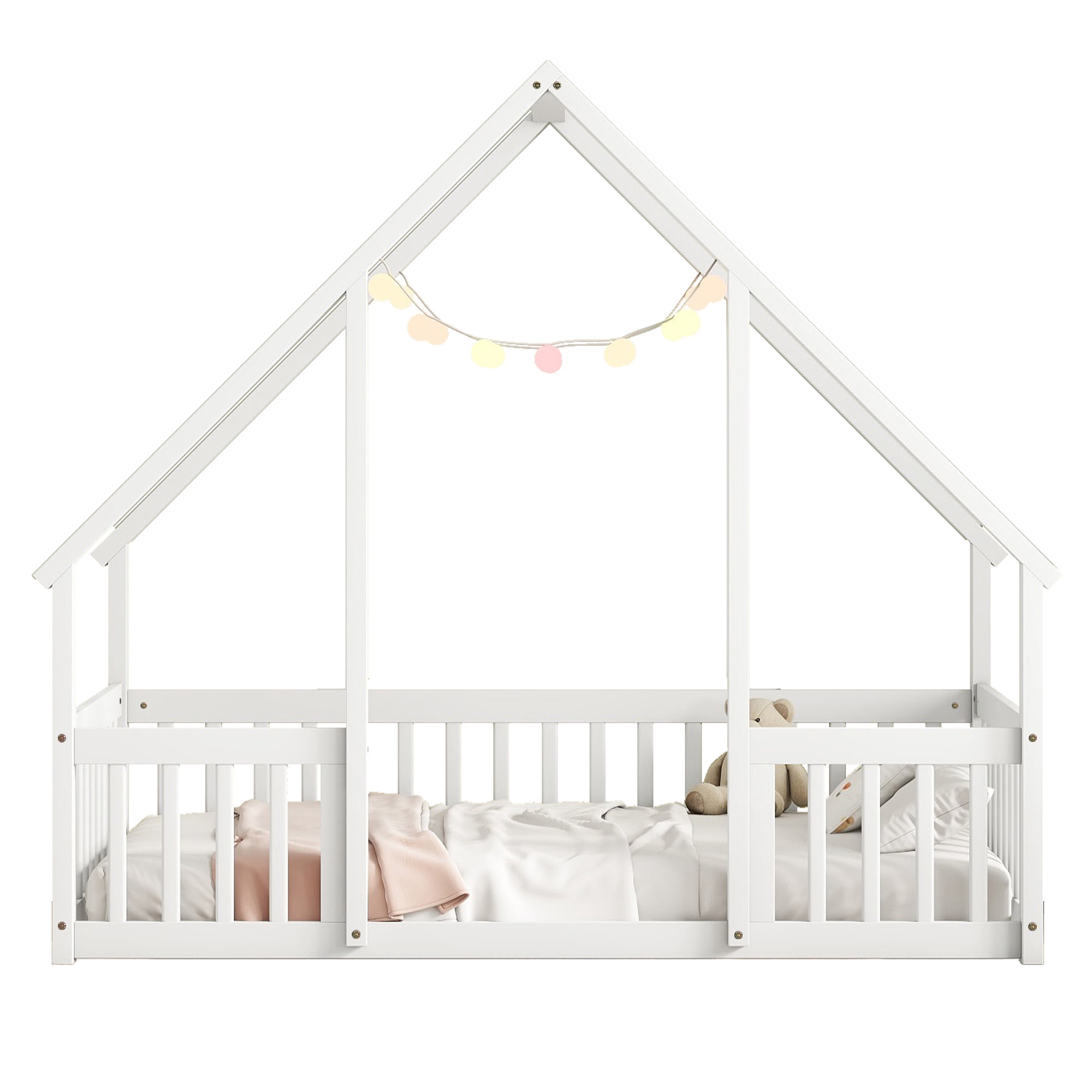 Kumix House-Shaped Floor Bed with Fence Guardrails and Roof, Twin Size Floor Bed Frame for Boys & Girls, Wooden Playhouse Bed Frame, Twin Floor Bed Montessori House Bed Frame, White